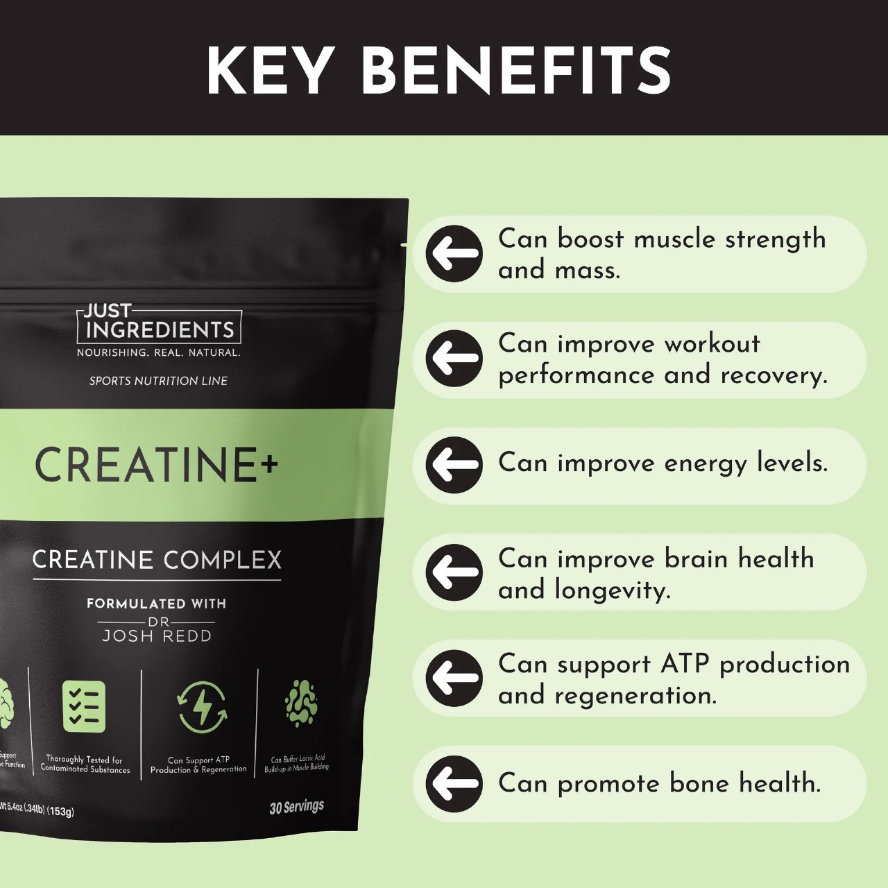 Creatine+ Complex by Just Ingredients – Boost Muscle Strength, Recovery, and Energy – 30 Servings