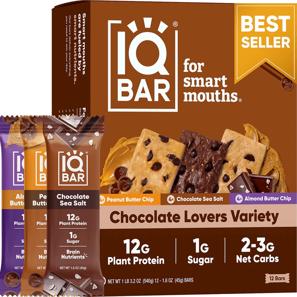 IQ Bar Chocolate Lovers Variety – 12 Bars, 12g Plant Protein, 1g Sugar, 2-3g Net Carbs